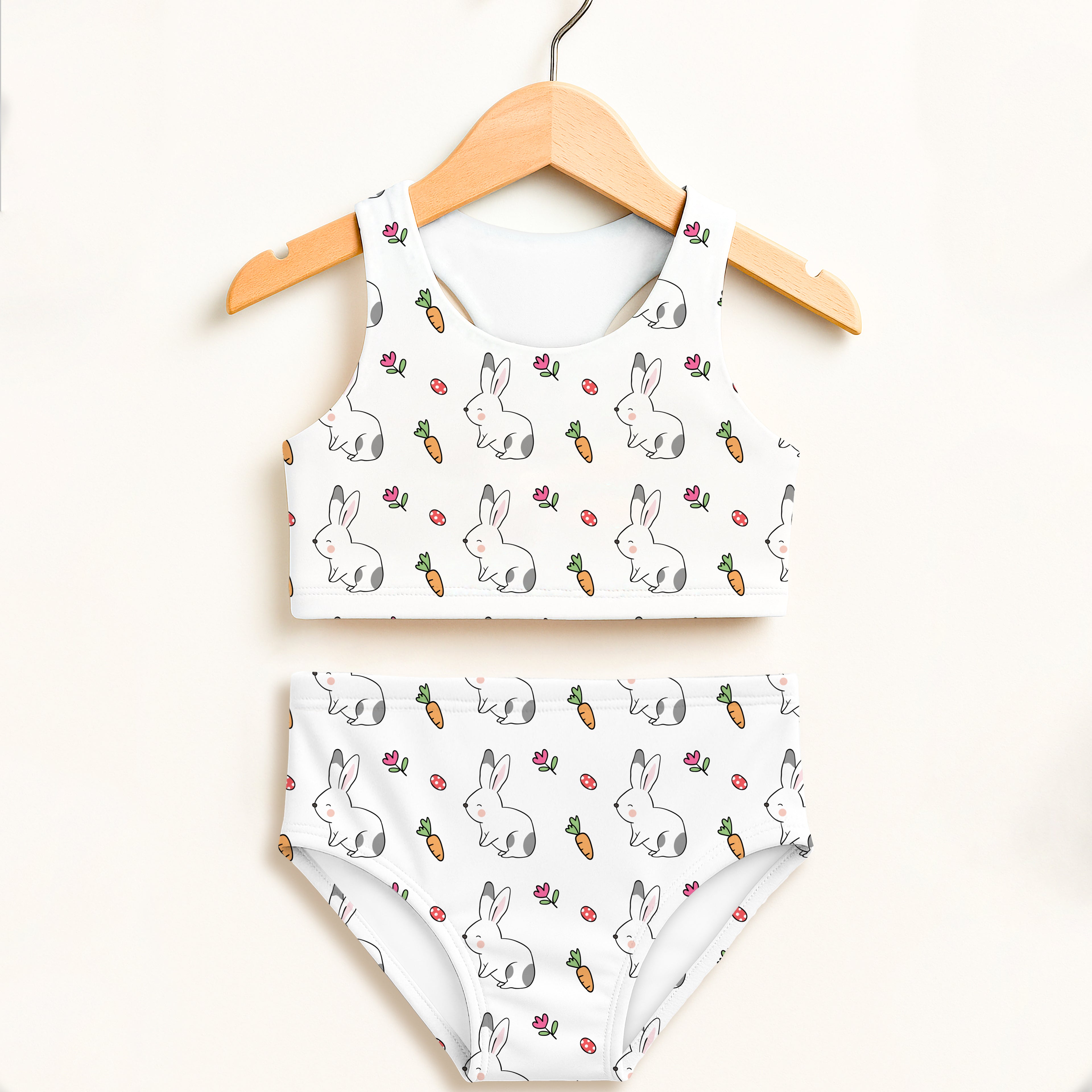 Girls bunny two piece swimsuit with white bunny and carrot print double layered upf 50 plus high waisted comfort hanging