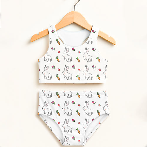 Girls bunny two piece swimsuit with white bunny and carrot print double layered upf 50 plus high waisted comfort hanging