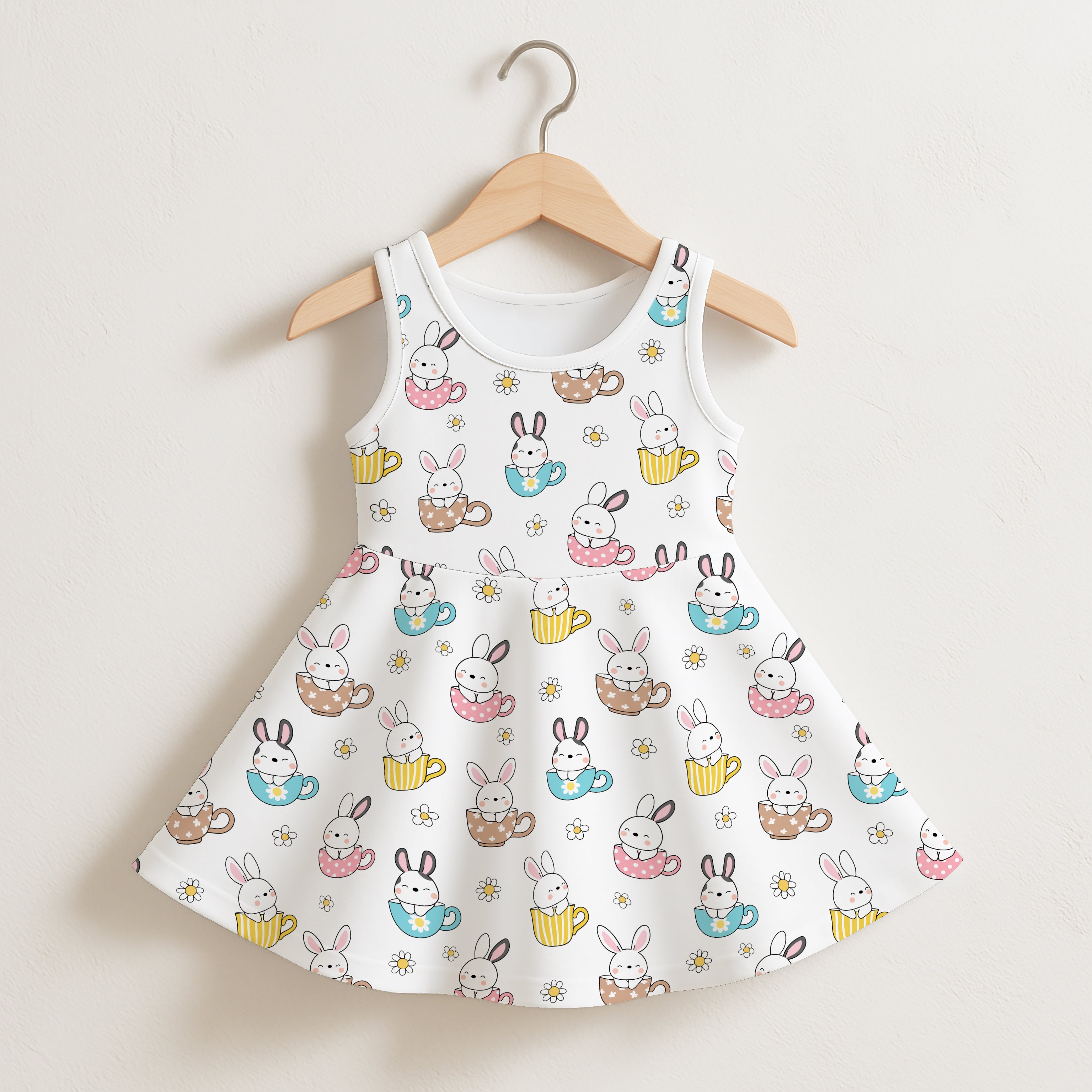 White sleeveless girls dress with playful cartoon bunnies in colorful teacups and small flower patterns