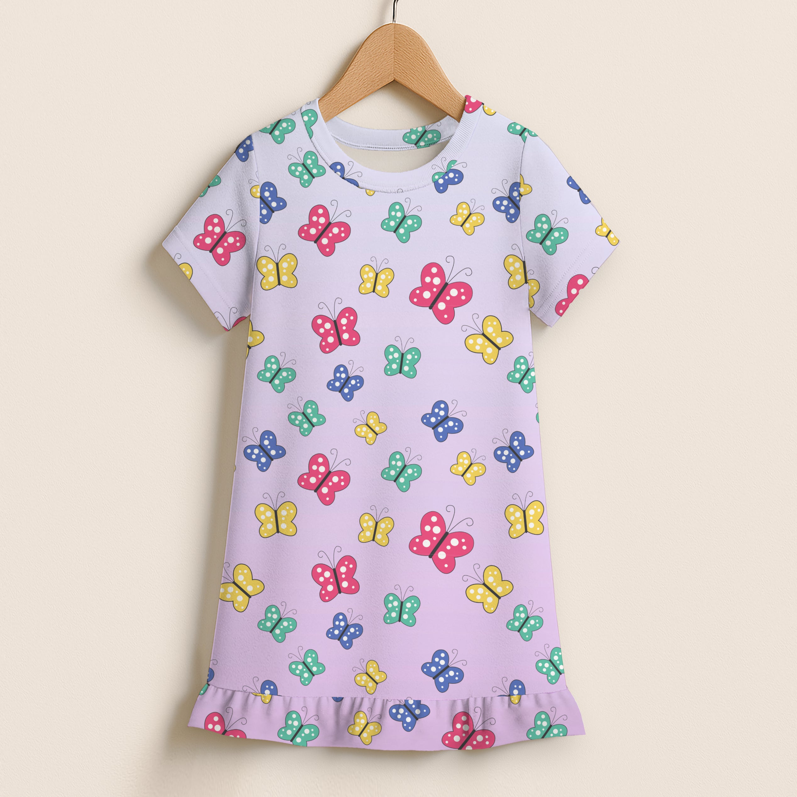 Girls colorful butterflies short sleeve ruffle hem lavender nightgown with multicolored butterfly pattern in pink yellow blue and green