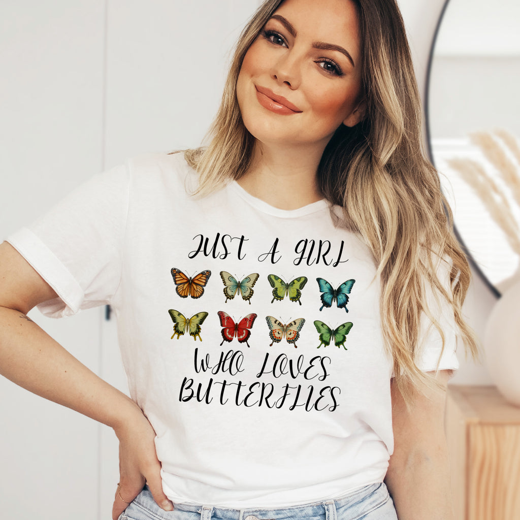 Just A Girl Who Loves Butterflies Graphic T-Shirt - Soft Lightweight Cotton Pre-Shrunk Tee