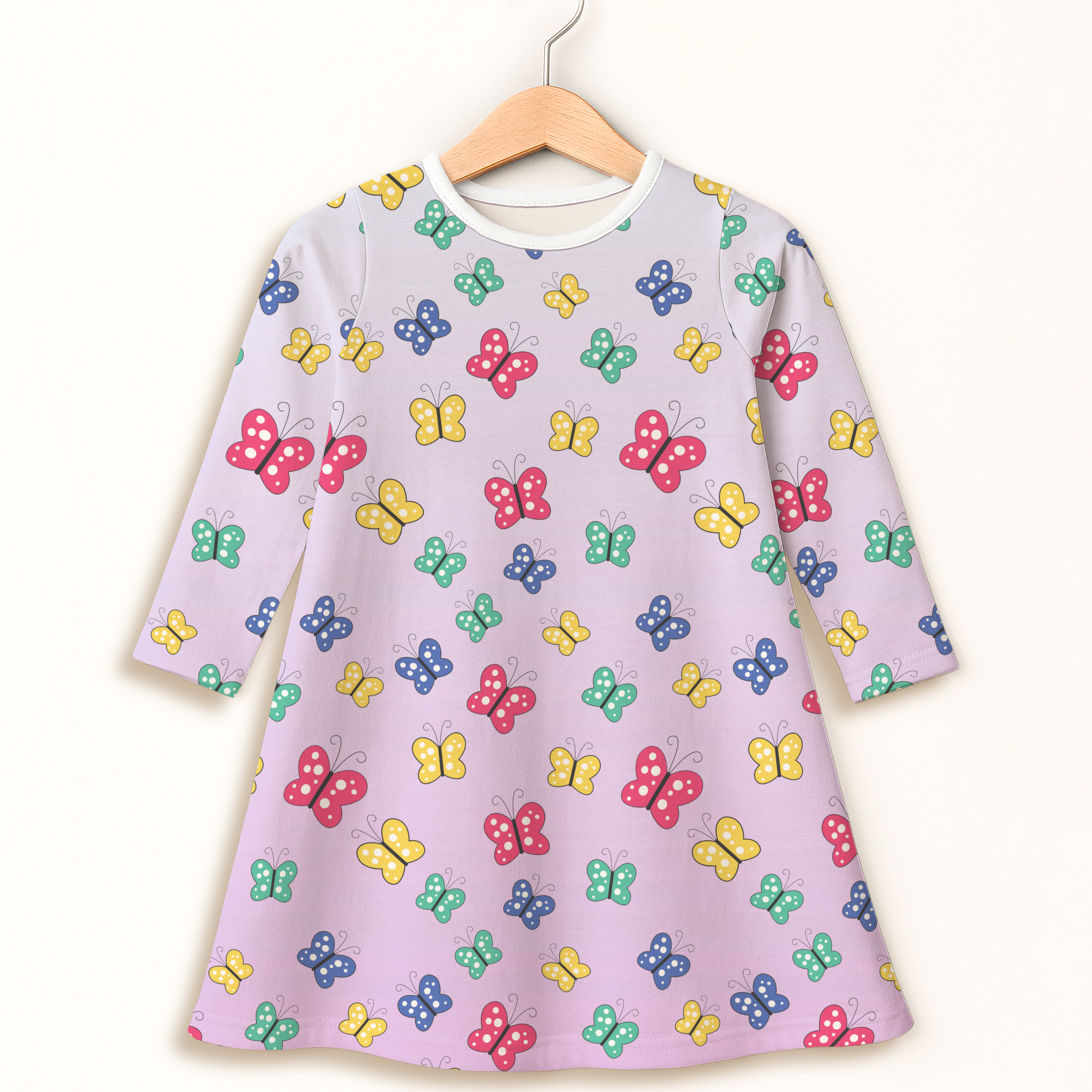 Girls colorful butterflies long sleeve dress in pastel pink with white collar and multicolored butterfly pattern