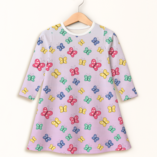 Girls colorful butterflies long sleeve dress in pastel pink with white collar and multicolored butterfly pattern