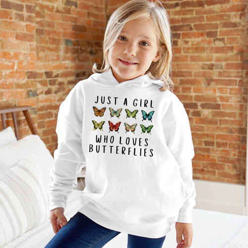 White girls hoodie with black text and colorful butterfly graphics perfect for girls who love butterflies