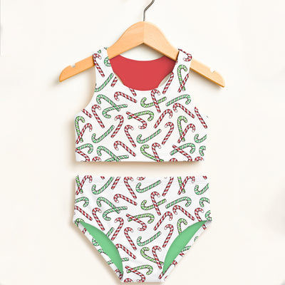 Girls Red & Green Candy Cane Swimsuit – Double Layered UPF 50+ High Waisted Comfort Fit