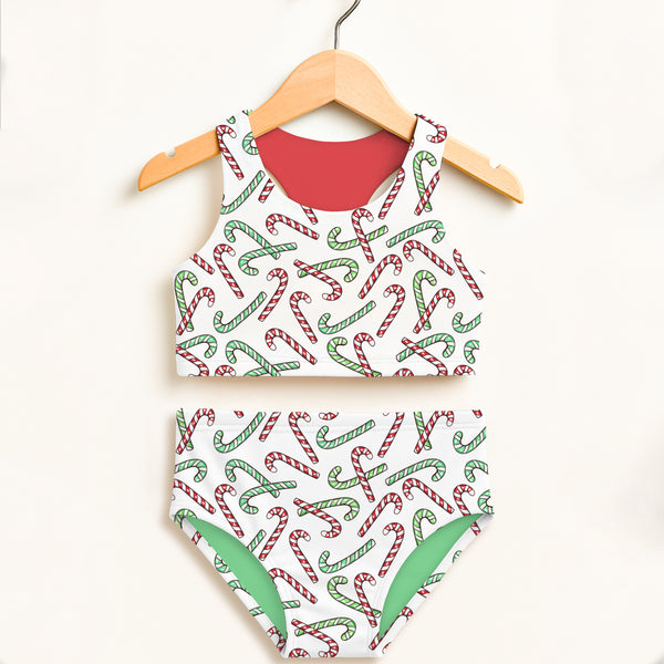 Girls Red & Green Candy Cane Swimsuit – Double Layered UPF 50+ High Waisted Comfort Fit