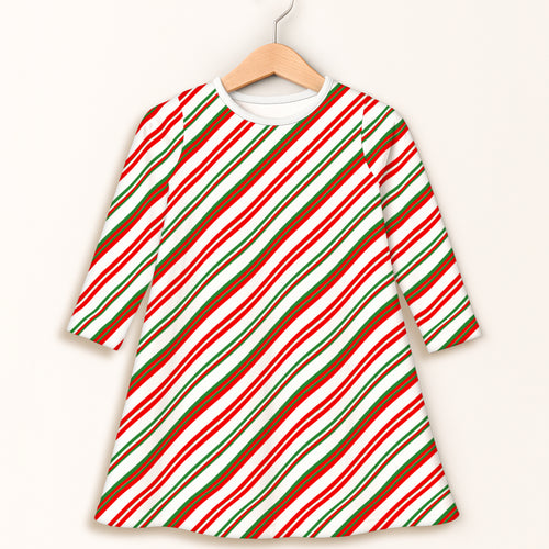 Girls candy cane long sleeve dress with festive diagonal red green and white stripes in a comfortable a-line fit