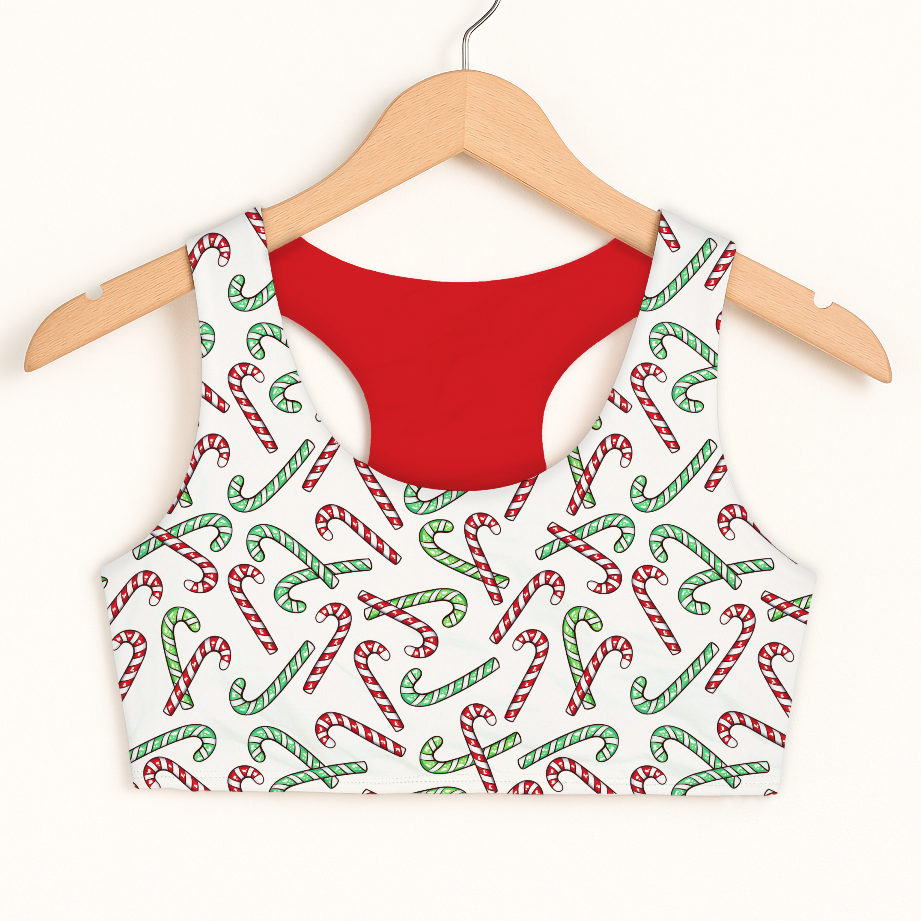 Girls Red and Green Candy Cane Christmas Sports Bra - Quick Drying, Double Layered Comfort