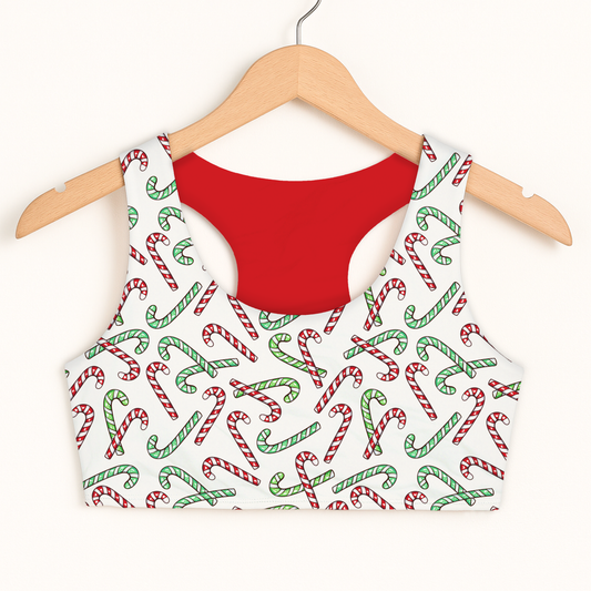 Girls Red and Green Candy Cane Christmas Sports Bra