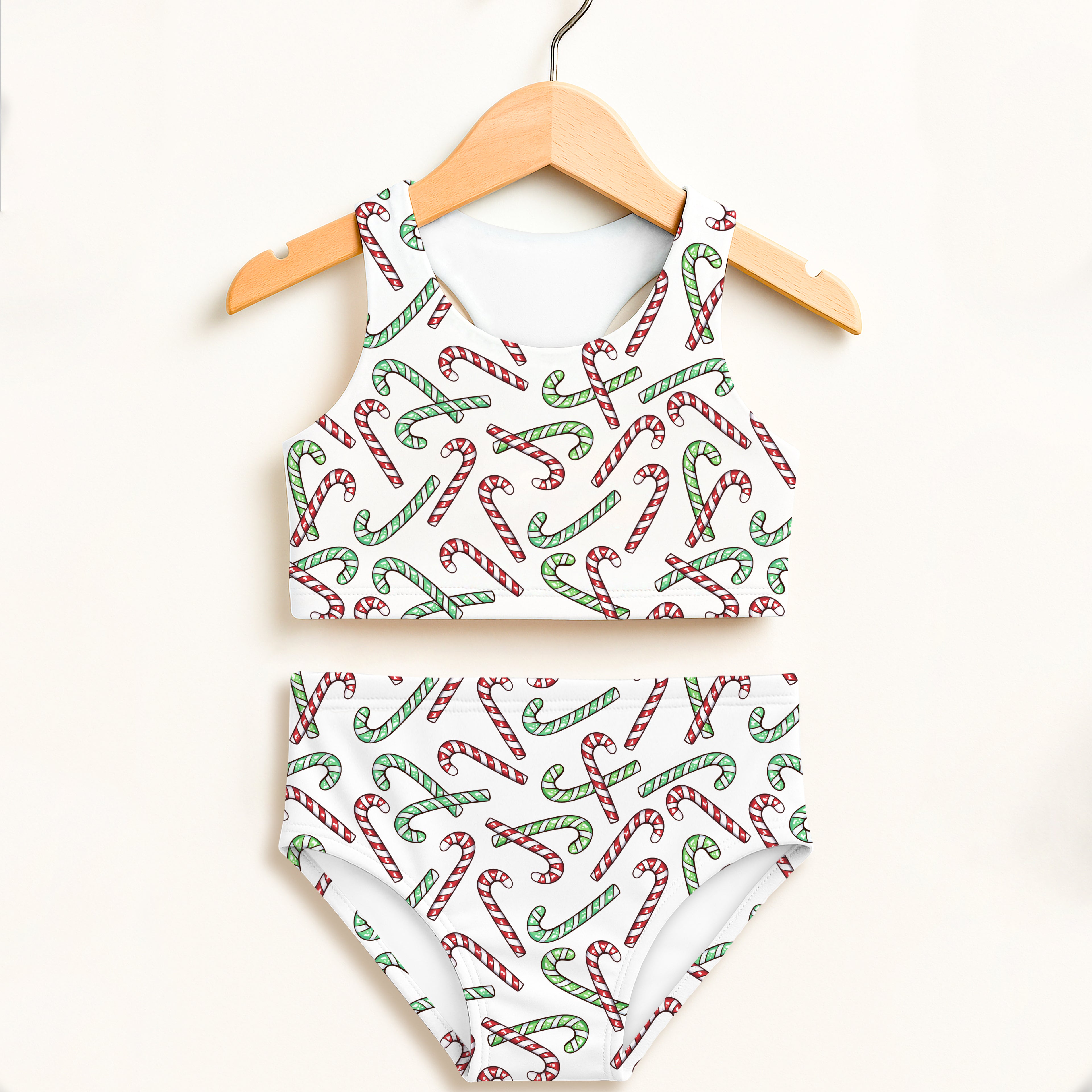 Girls Red & Green Candy Cane Swimsuit – Double Layered UPF 50+ High Waisted Comfort Fit