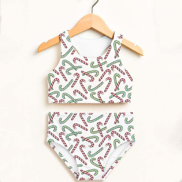 Girls Red & Green Candy Cane Swimsuit – Double Layered UPF 50+ High Waisted Comfort Fit