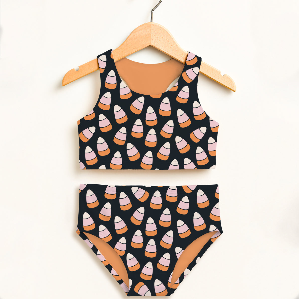 Girls Orange & Pink Candy Corn Halloween Two Piece Swimsuit – Double Layered UPF 50+ High Waisted Comfort