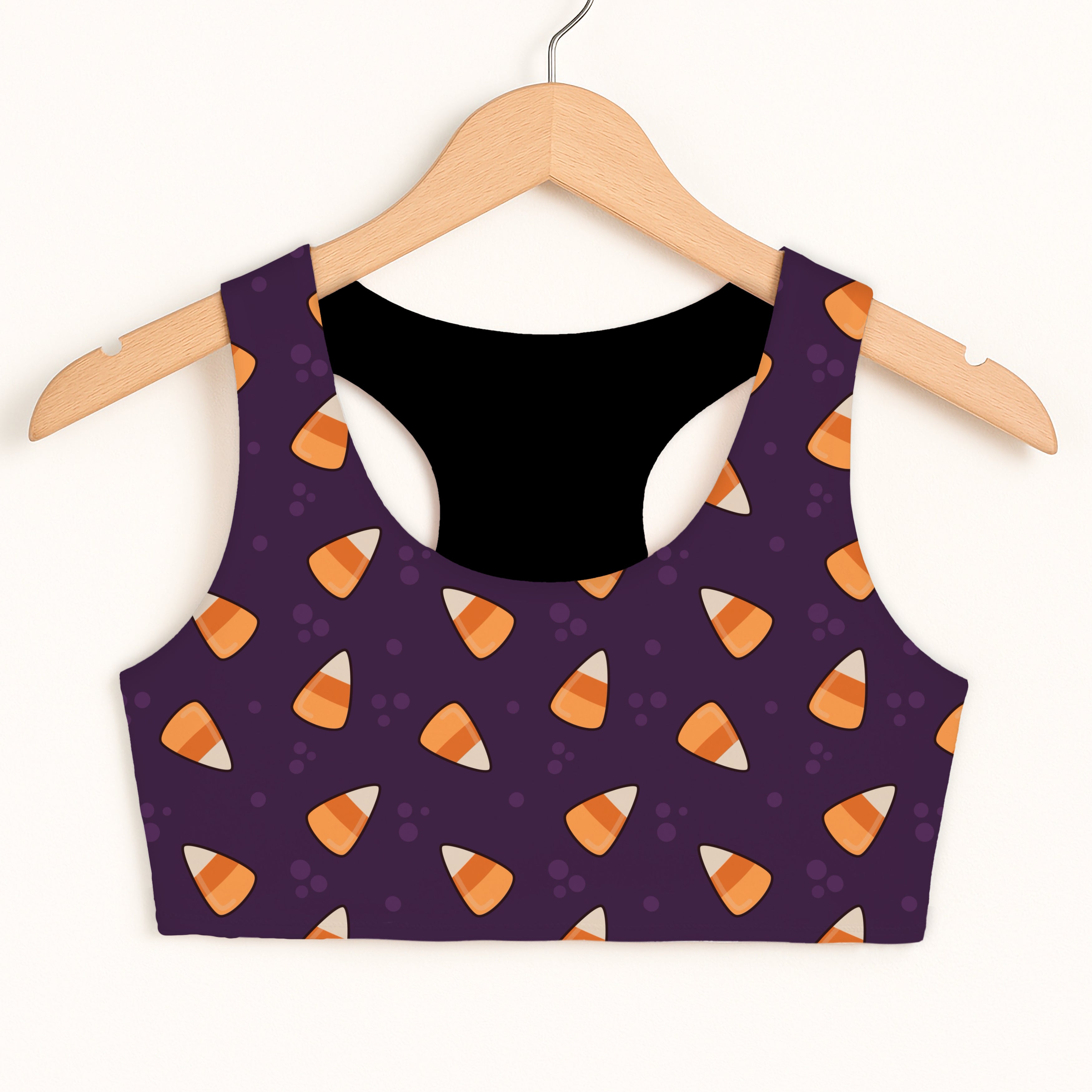 Girls Dark Purple Candy Corn Halloween Sports Bra - Quick Drying, Double Layered Comfort