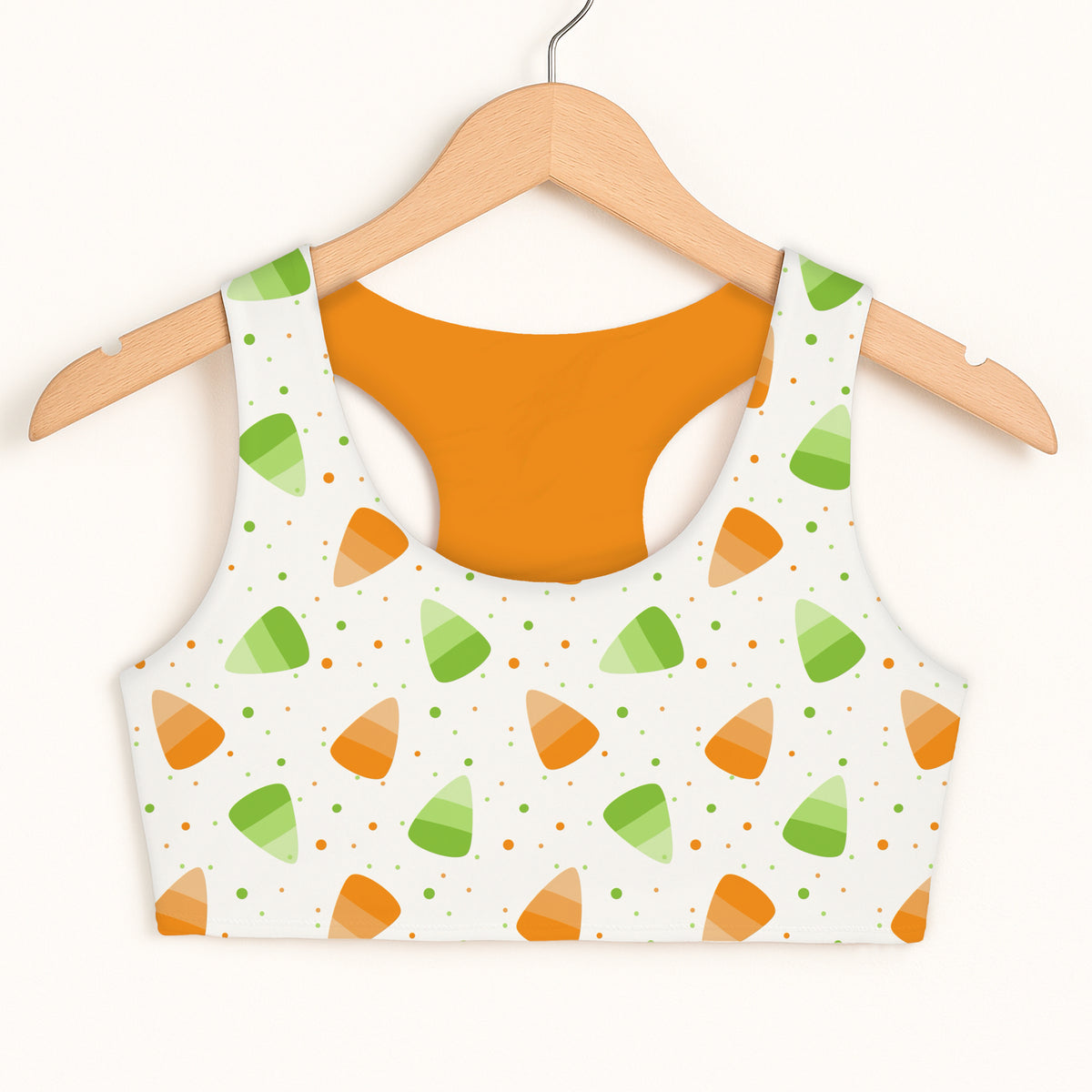 Girls Orange and Green Candy Corn Halloween Sports Bra - Quick Drying, Double Layered Comfort