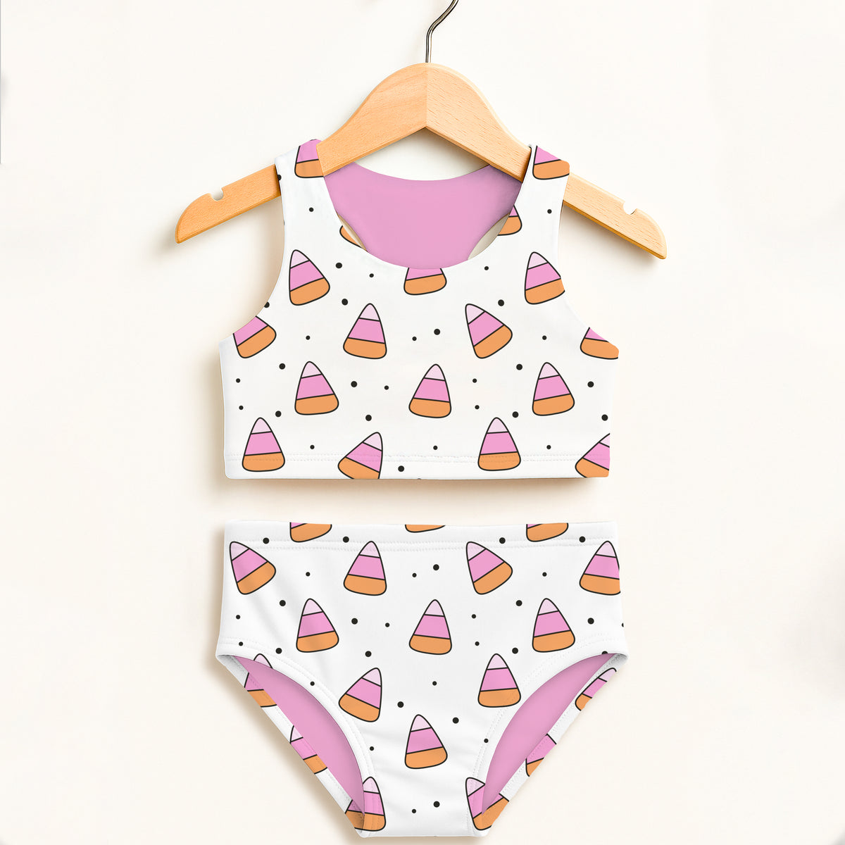 Girls Pink Candy Corn Two Piece Swimsuit – Double Layered UPF 50+ High Waisted Comfort
