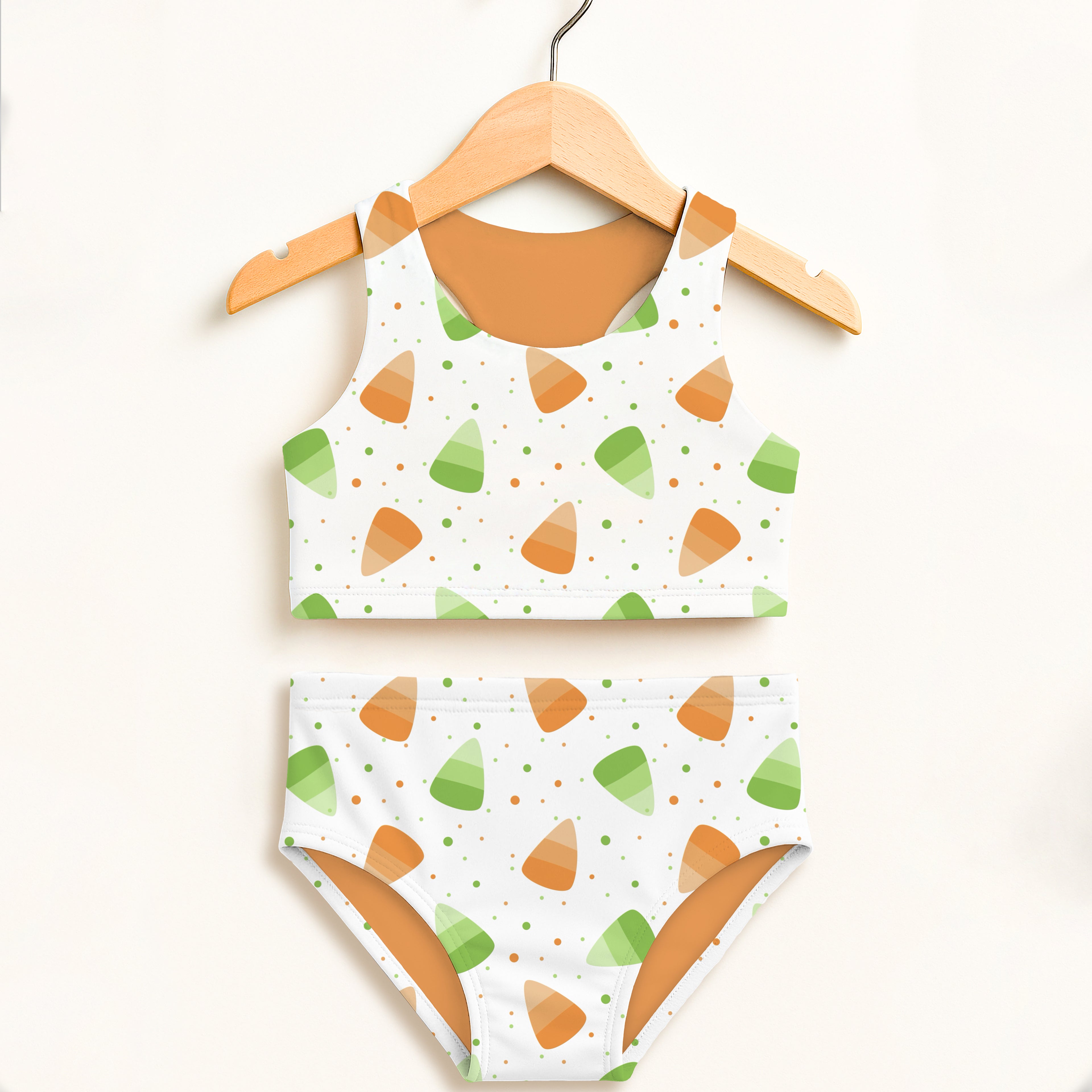 Girls Orange & Green Candy Corn Halloween Two Piece Swimsuit – Double Layered UPF 50+ High Waisted Comfort