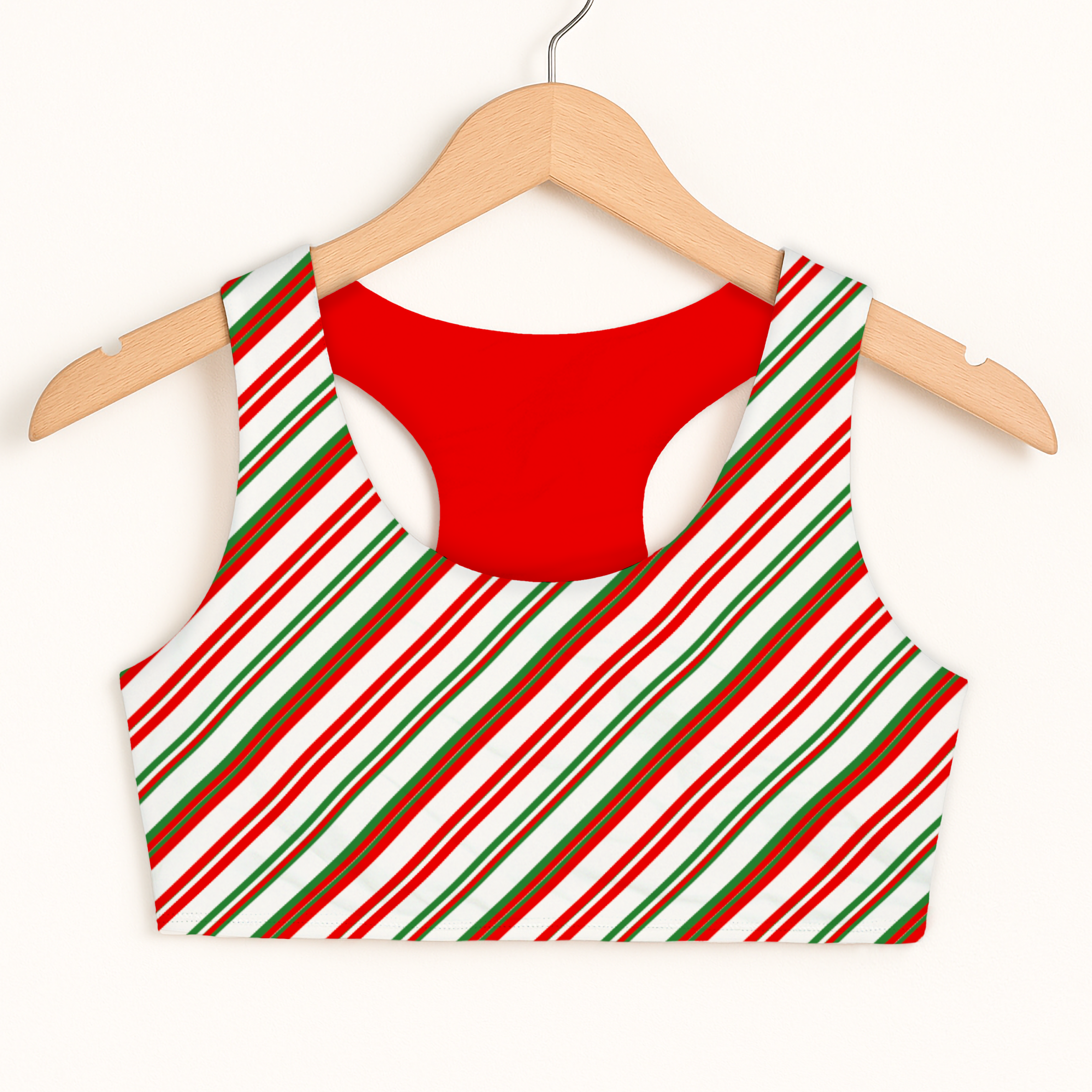 Girls candy cane stripes sports bra in red green and white with quick drying double layered comfort and red lining