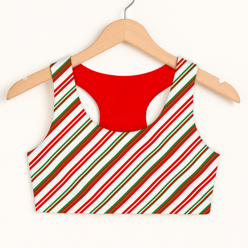 Girls candy cane stripes sports bra in red green and white with quick drying double layered comfort and red lining