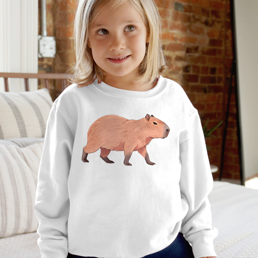 White long-sleeved kids sweatshirt with a detailed pinkish-brown capybara illustration cozy animal pullover