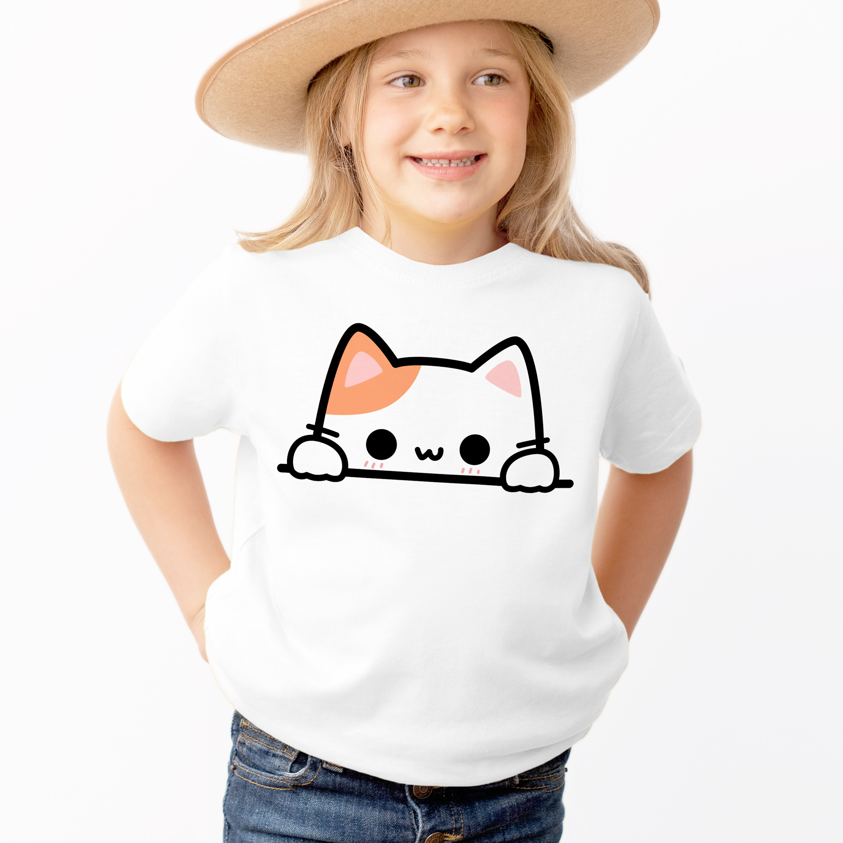 Kids Cute Peeking Cat T-Shirt - Soft Lightweight Cotton Tee
