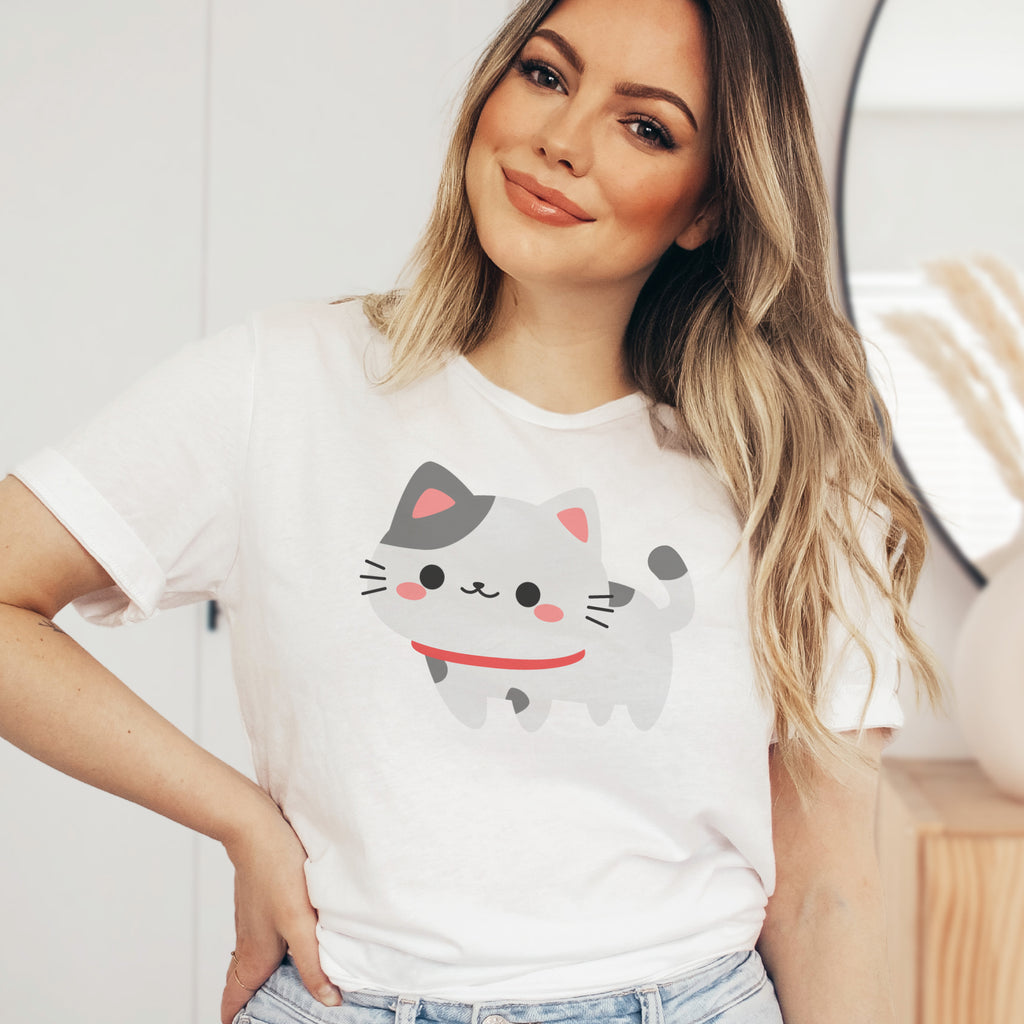 Cute Gray Cat Face Graphic T-Shirt - Soft Lightweight Cotton Pre-Shrunk Tee