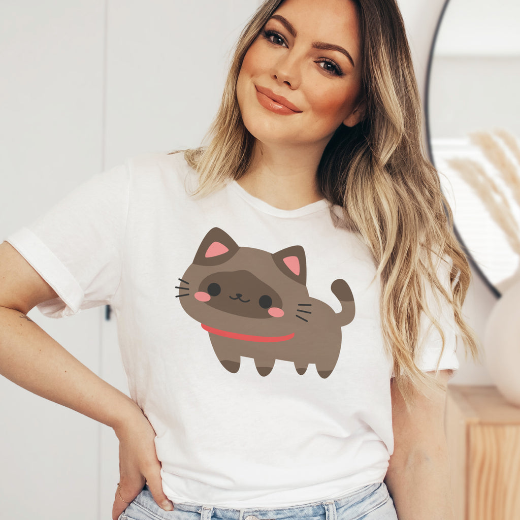 Cute Brown Cat Face Graphic T-Shirt - Soft Lightweight Cotton Pre-Shrunk Tee