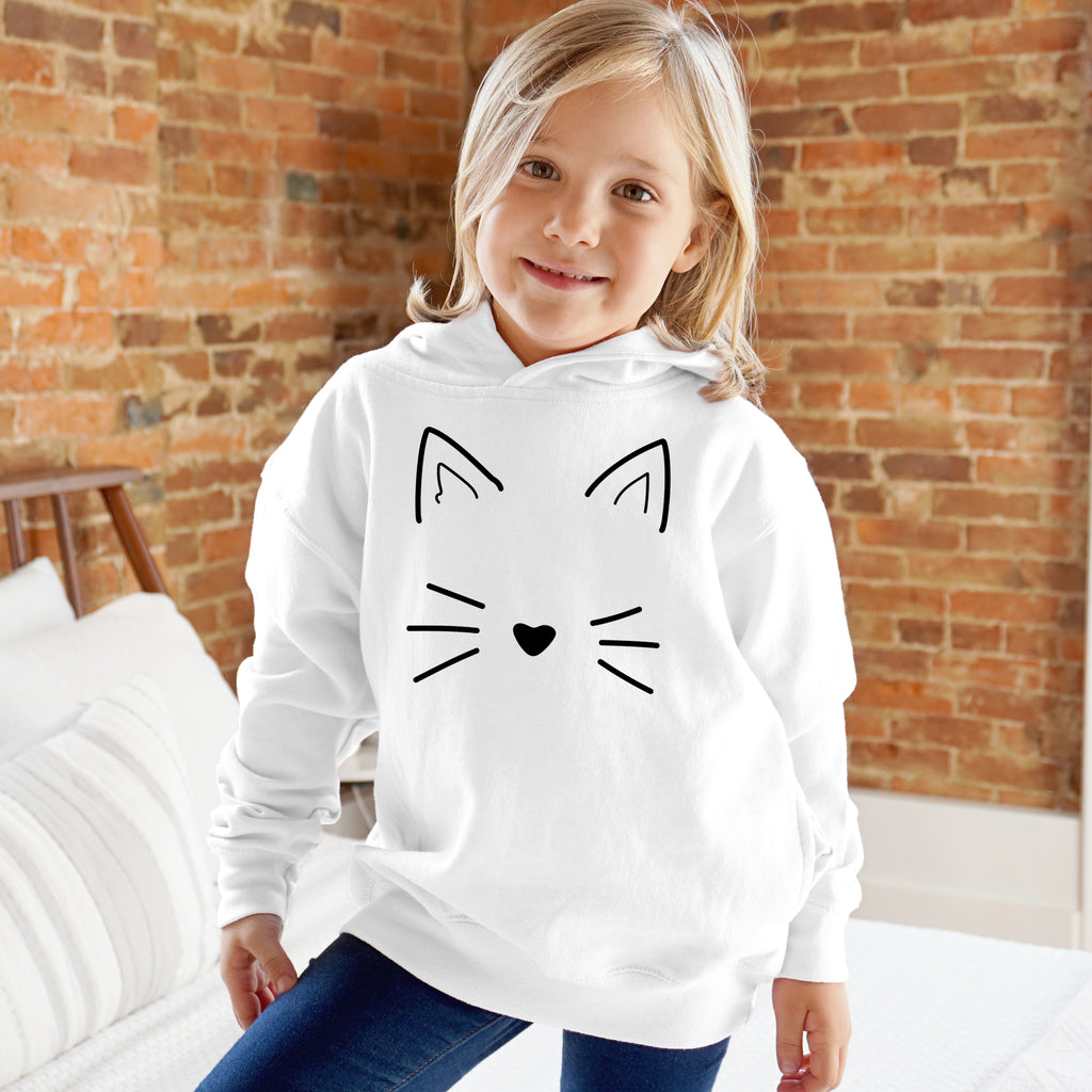 Kids cat whiskers hoodie white with black cat face graphic featuring pointed ears whiskers and heart-shaped nose