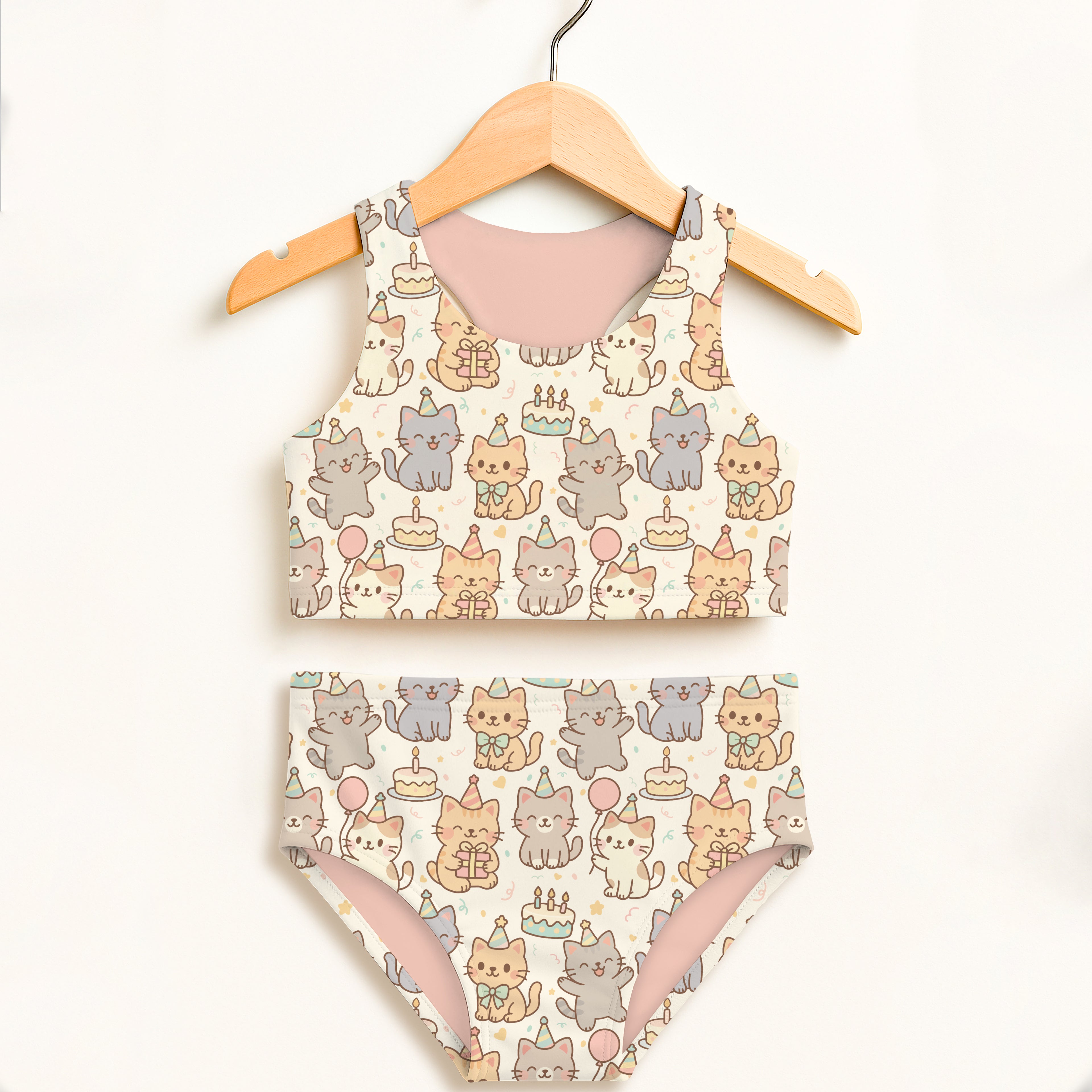 Girls cat birthday two piece swimsuit with cartoon cat pattern soft pink lining off white background double layered upf 50+