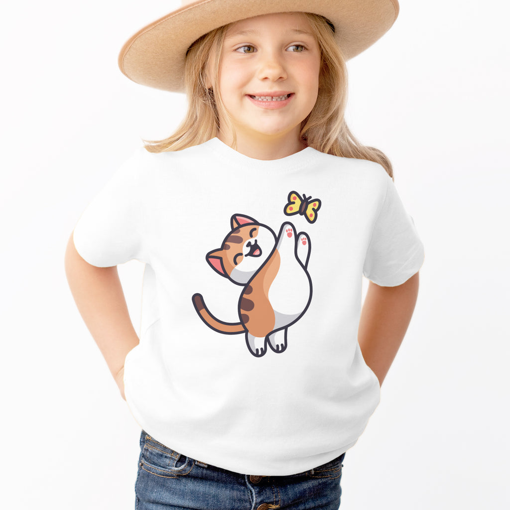 Kids Cute Kitten And Butterfly T-Shirt - Soft Lightweight Cotton Tee