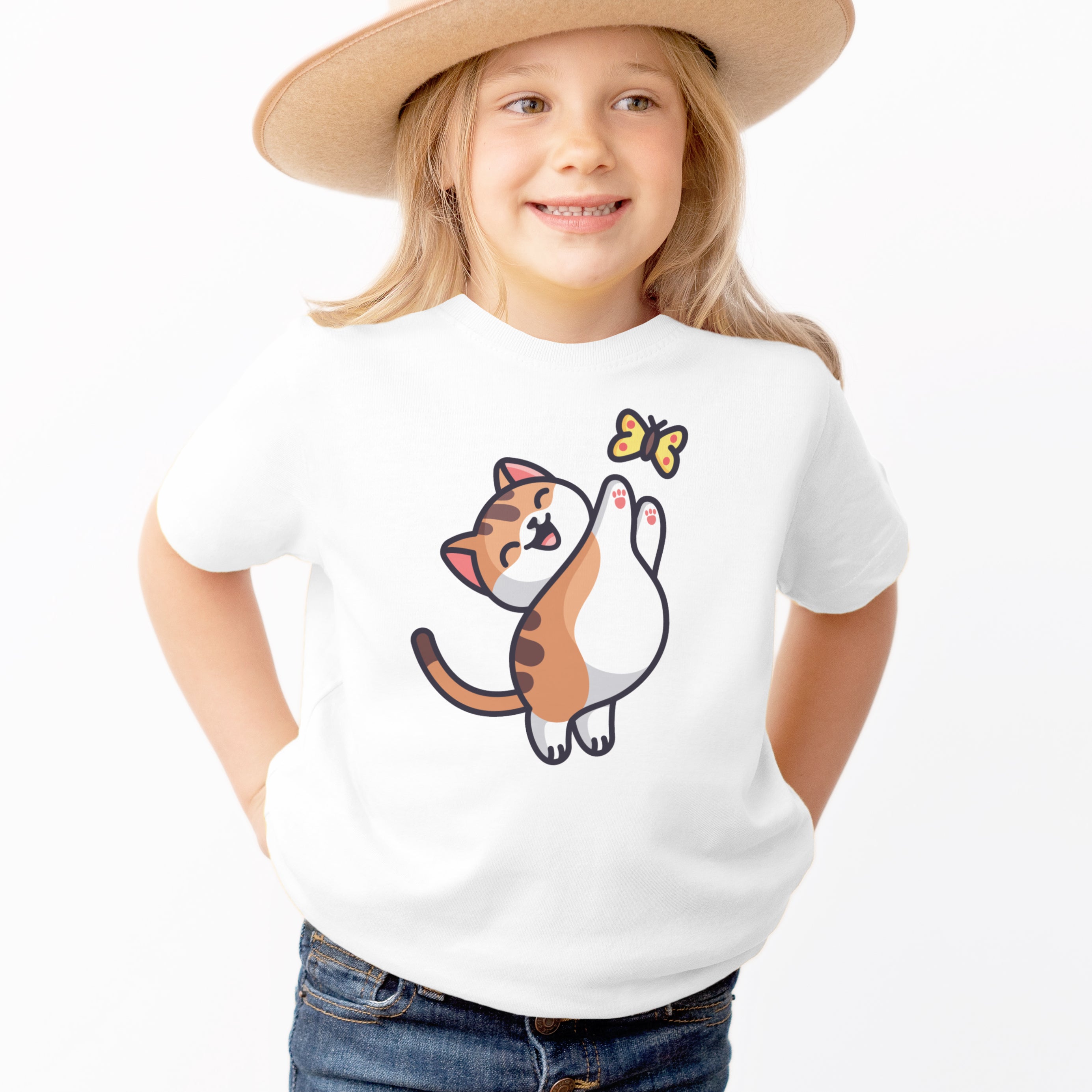 Kids Cute Kitten And Butterfly T-Shirt - Soft Lightweight Cotton Tee