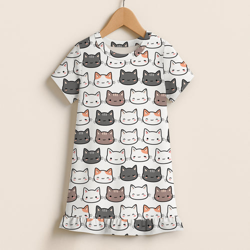 Girls cat face short sleeve white nightgown with colorful cartoon cat pattern and ruffle hem for comfortable sleepwear