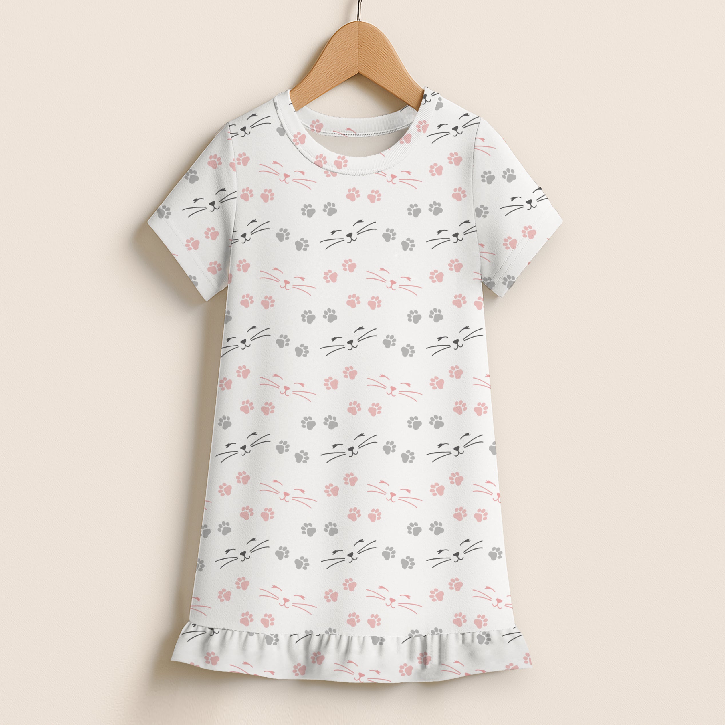 Girls Cat Faces & Paw Print Short Sleeve Ruffle Hem Dress