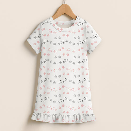 Girls cat faces and paw print short sleeve white nightgown with playful pink and gray pattern and ruffle hem