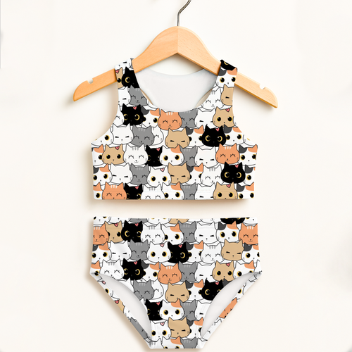 Girls cat face two piece swimsuit with halter top and high waisted bottoms featuring cute cartoon cat pattern