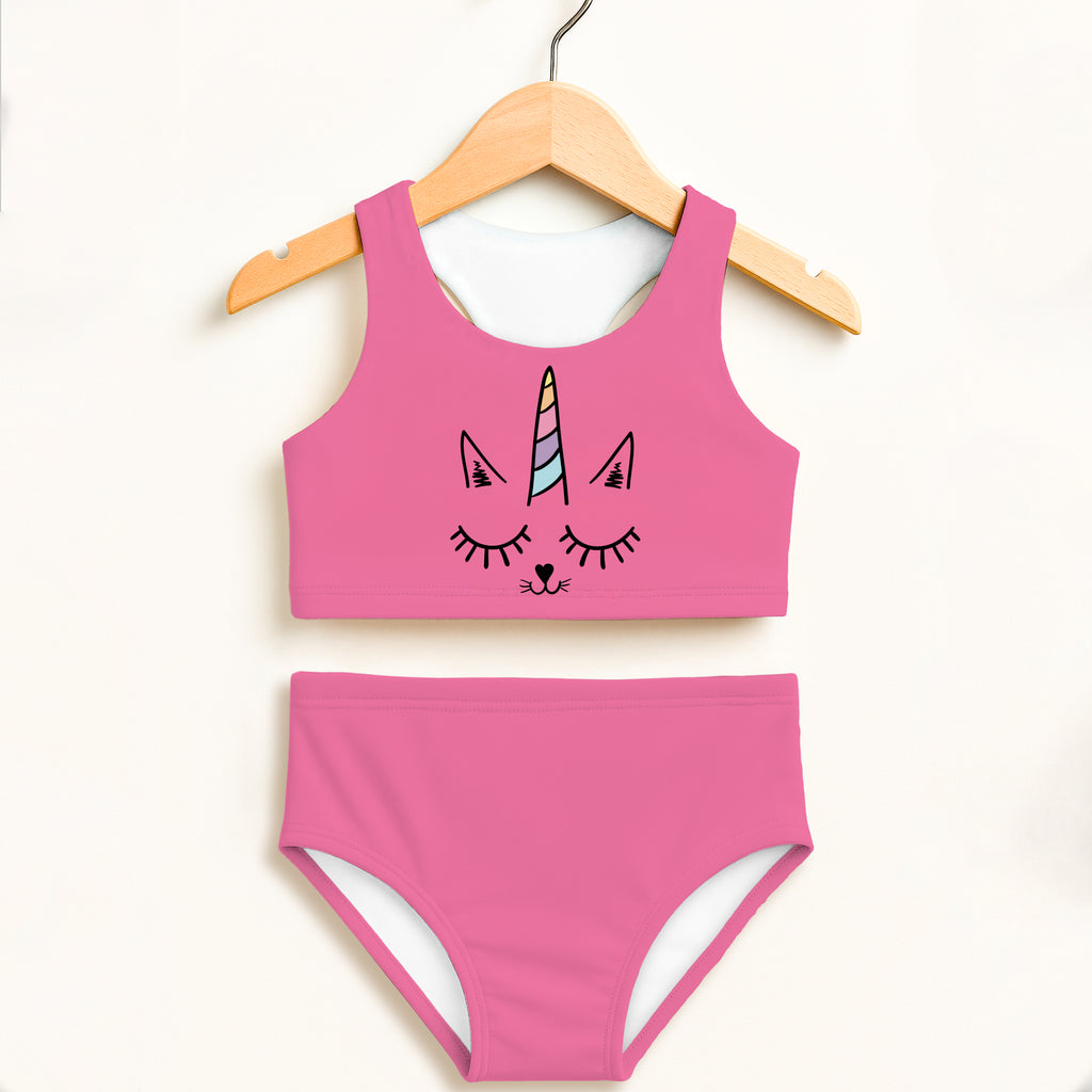 Girls caticorn two piece swimsuit in pink with colorful horn and closed-eye design, double layered UPF 50+ high waisted comfort