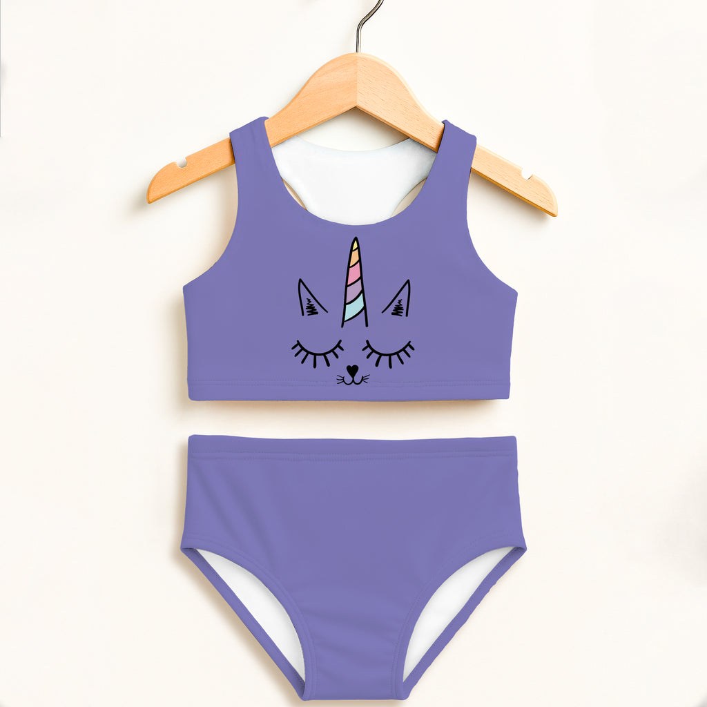 Girls caticorn two piece swimsuit in purple with unicorn horn and closed eyes design double layered UPF 50+ fabric