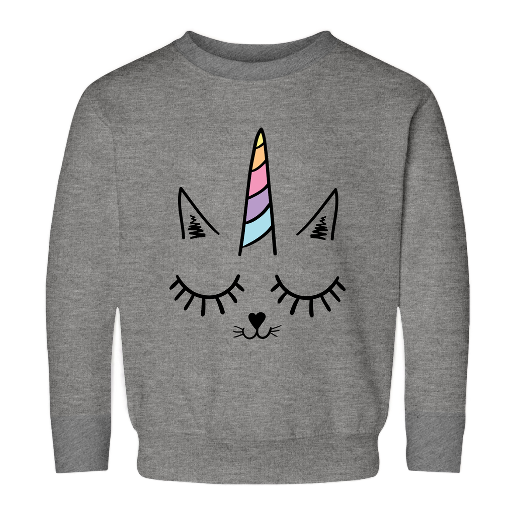 Girls caticorn sweatshirt in gray heather featuring a playful cartoon cat face with closed eyes and unicorn horn