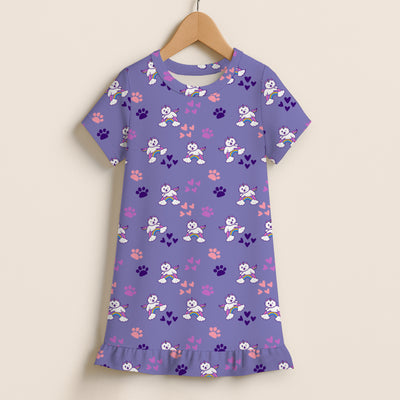 Girls caticorn rainbow short sleeve ruffle hem dress in purple with white cat, rainbow, paw print, and heart patterns
