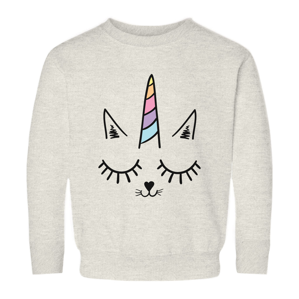 Heathered gray girls caticorn sweatshirt with a playful cartoon cat face and rainbow-striped unicorn horn design