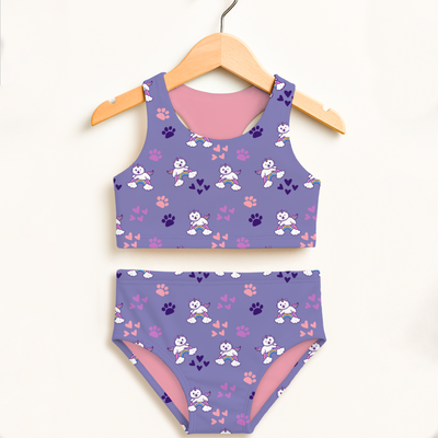 Girls purple caticorn two piece swimsuit with pink lining and rainbow paw prints featuring UPF 50+ high waisted comfort