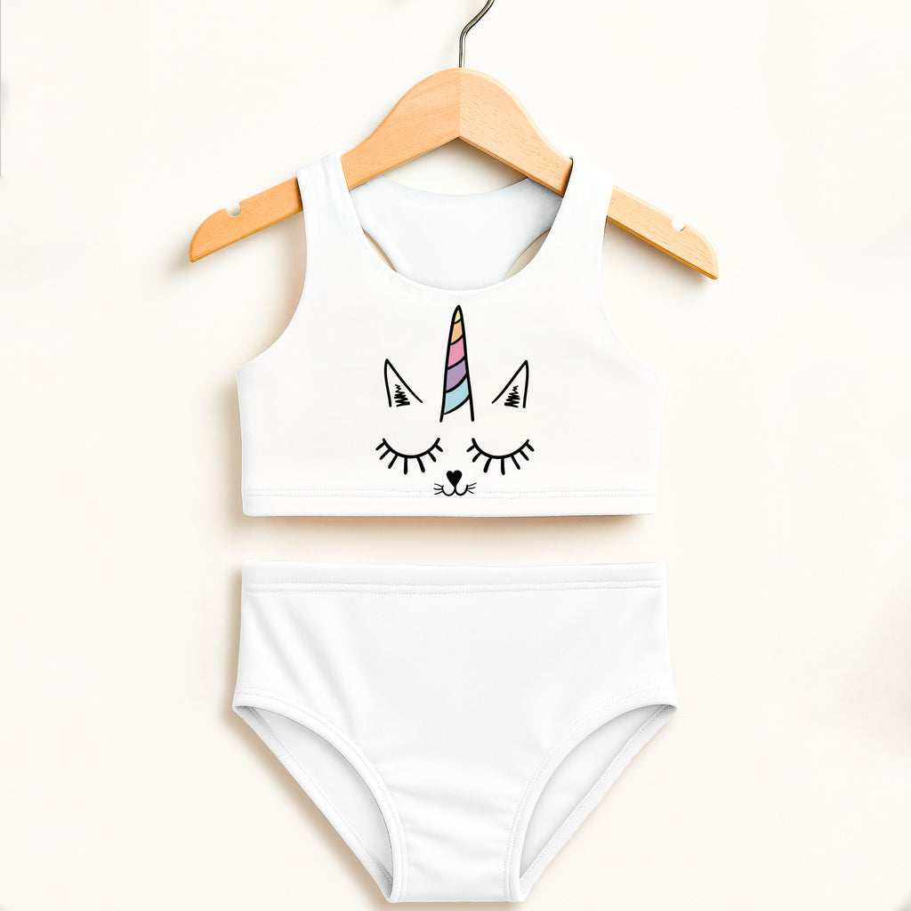 Girls caticorn two piece swimsuit white unicorn theme rainbow horn closed eye design double layered upf 50 high waisted
