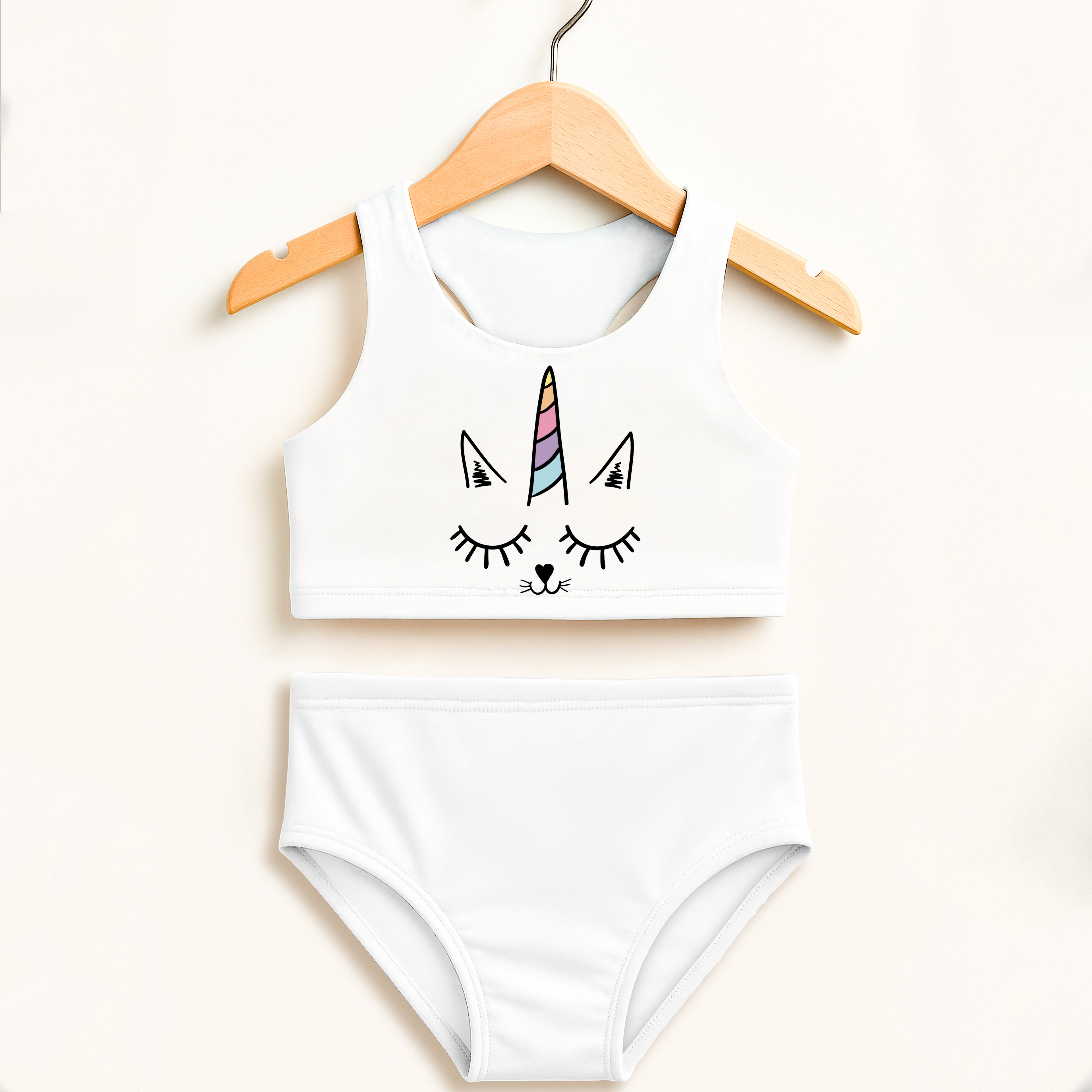 Girls caticorn two piece swimsuit white unicorn theme rainbow horn closed eye design double layered upf 50 high waisted