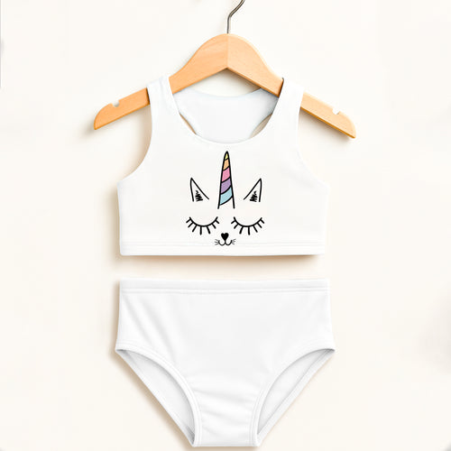 Girls caticorn two piece swimsuit white unicorn theme rainbow horn closed eye design double layered upf 50 high waisted