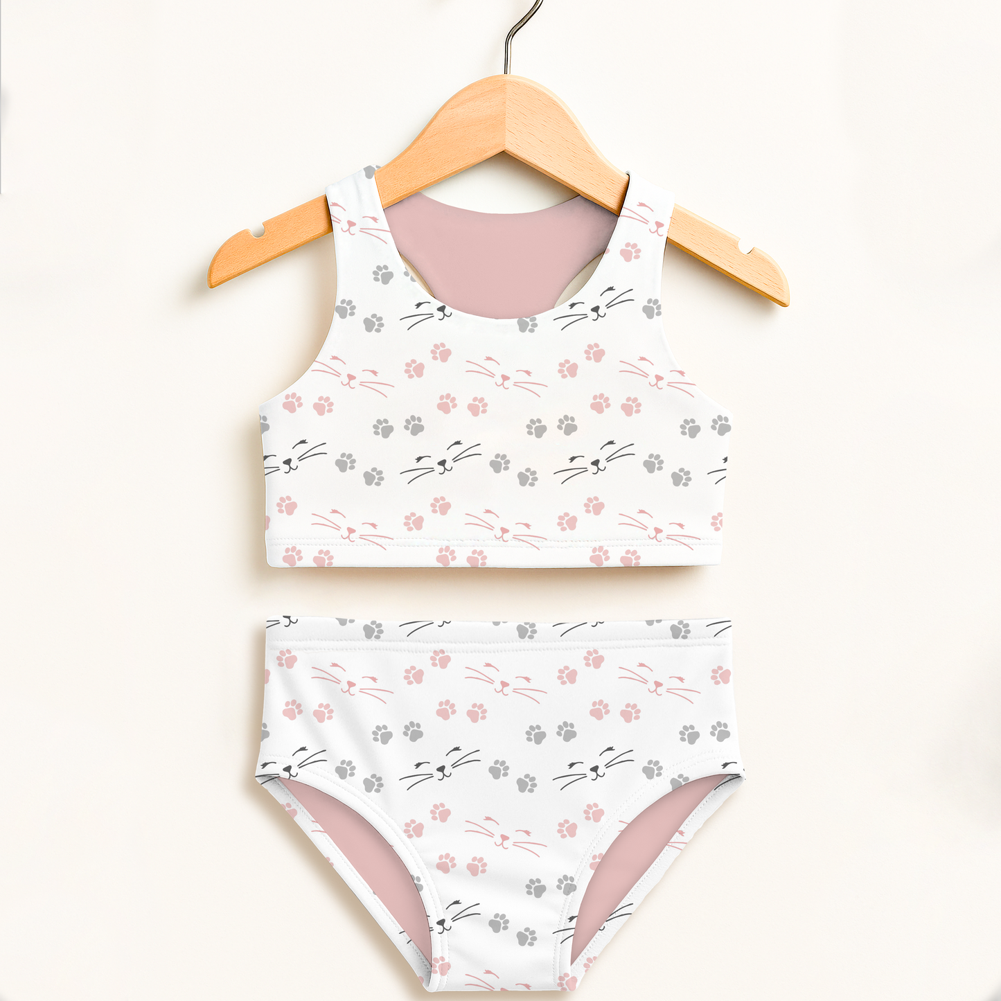 Girls Cat Paw Print Two Piece Swimsuit – High Waisted, Double Layered Comfort