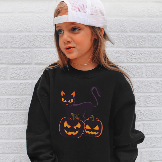 Kids Black Cat Halloween Sweatshirt – Jack-O’-Lantern Pumpkin Toddler & Youth Pullover