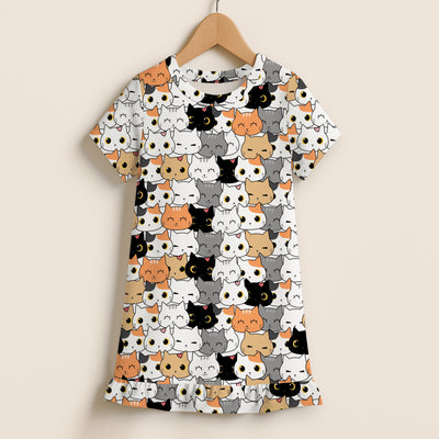 Girls Cat Short Sleeve Ruffle Hem Dress
