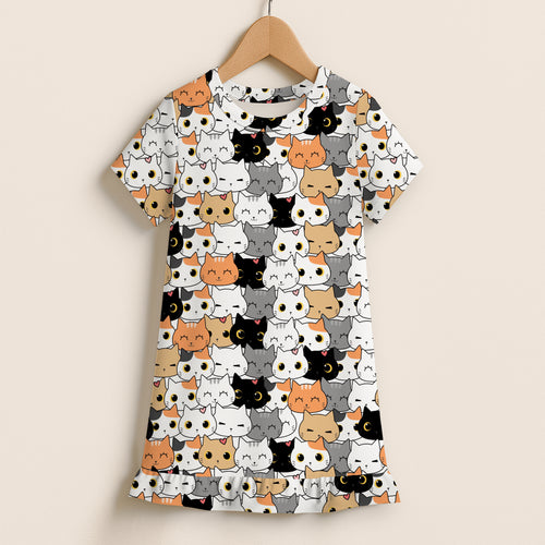 Girls cat short sleeve ruffle hem dress in white with colorful cartoon cat patterns for playful casual wear