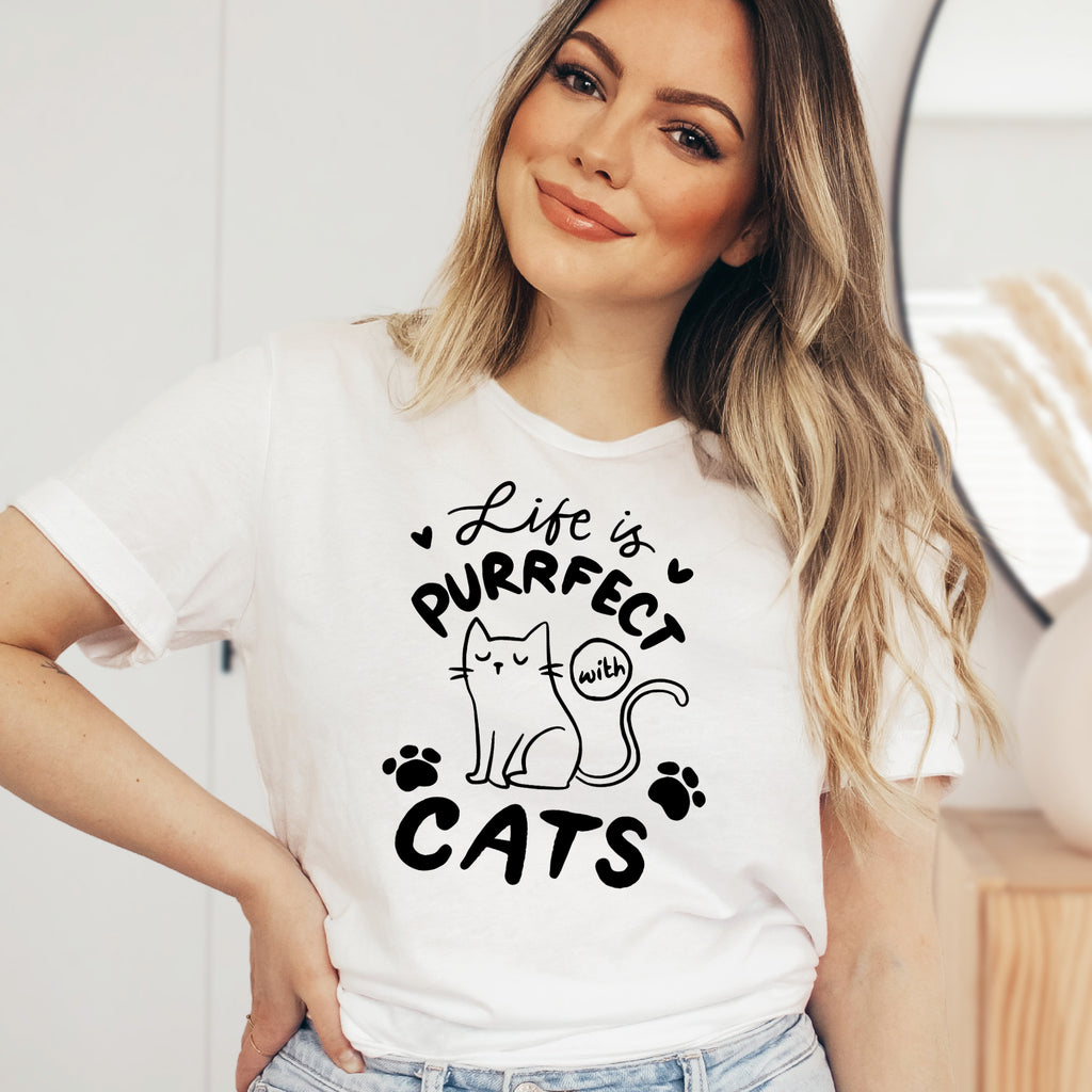 Life Is Purrfect With Cats Graphic T-Shirt - Soft Lightweight Cotton Pre-Shrunk Tee