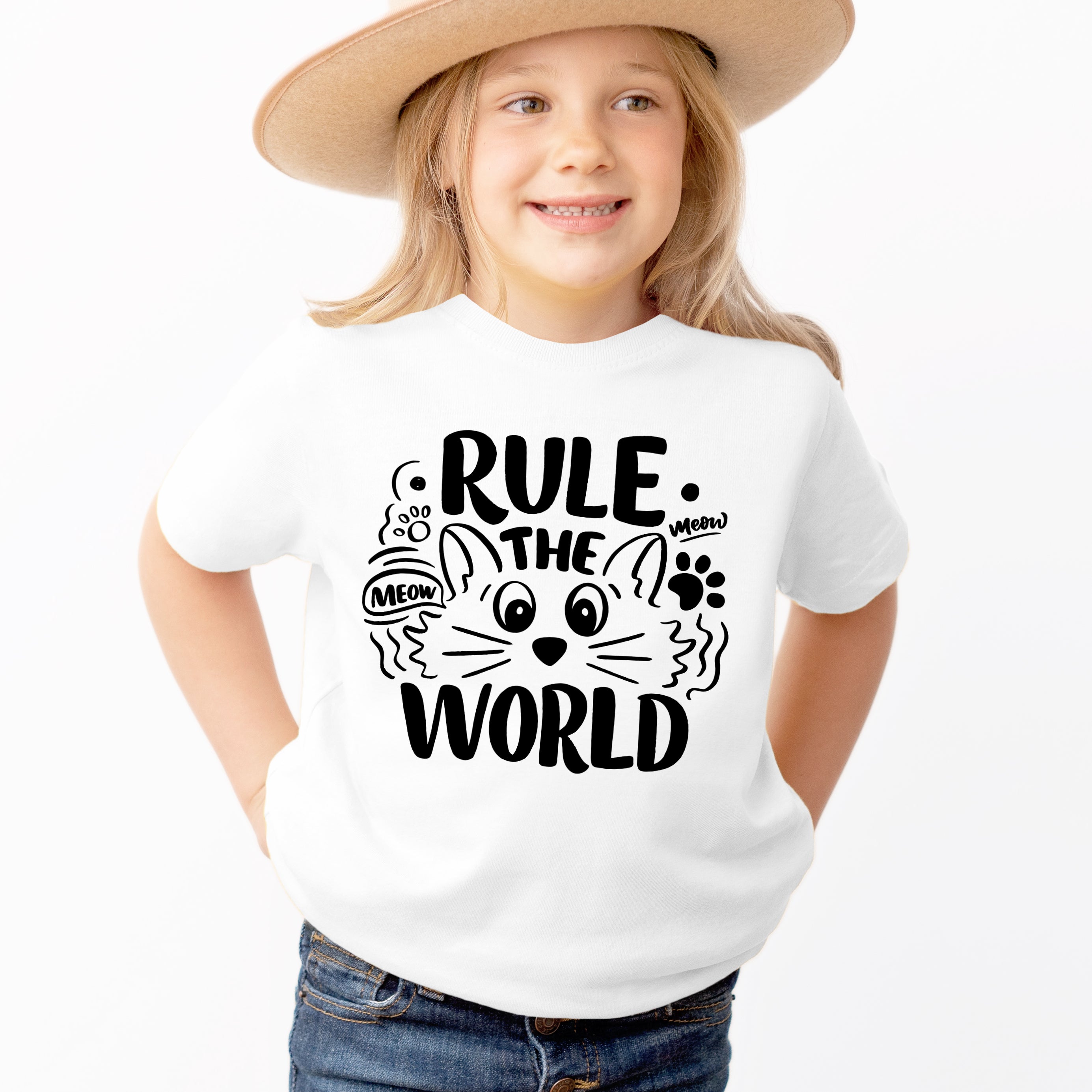 Kids Cat 'Rule the World' T-Shirt - Soft Lightweight Cotton Tee