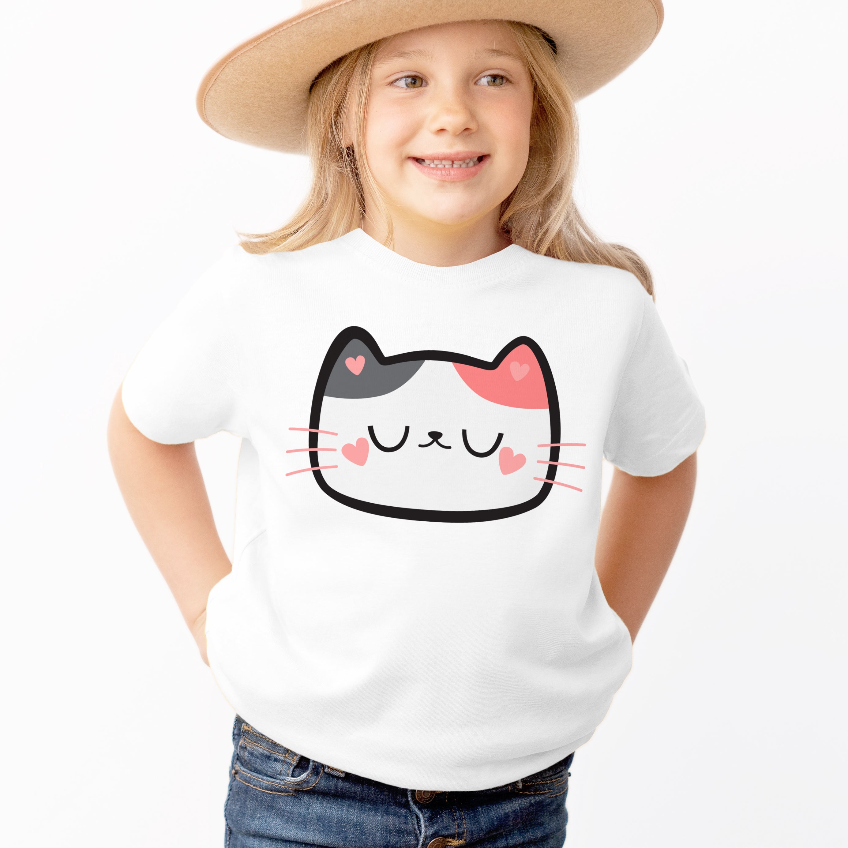 Kids Hearts Cat Face T-Shirt - Soft Lightweight Cotton Tee